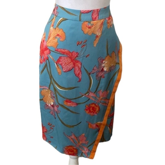 Anthropology Yoana Baraschi Blue and Orange Tropical Floral Cotille Wrap Skirt 6 - Picture 2 of 10